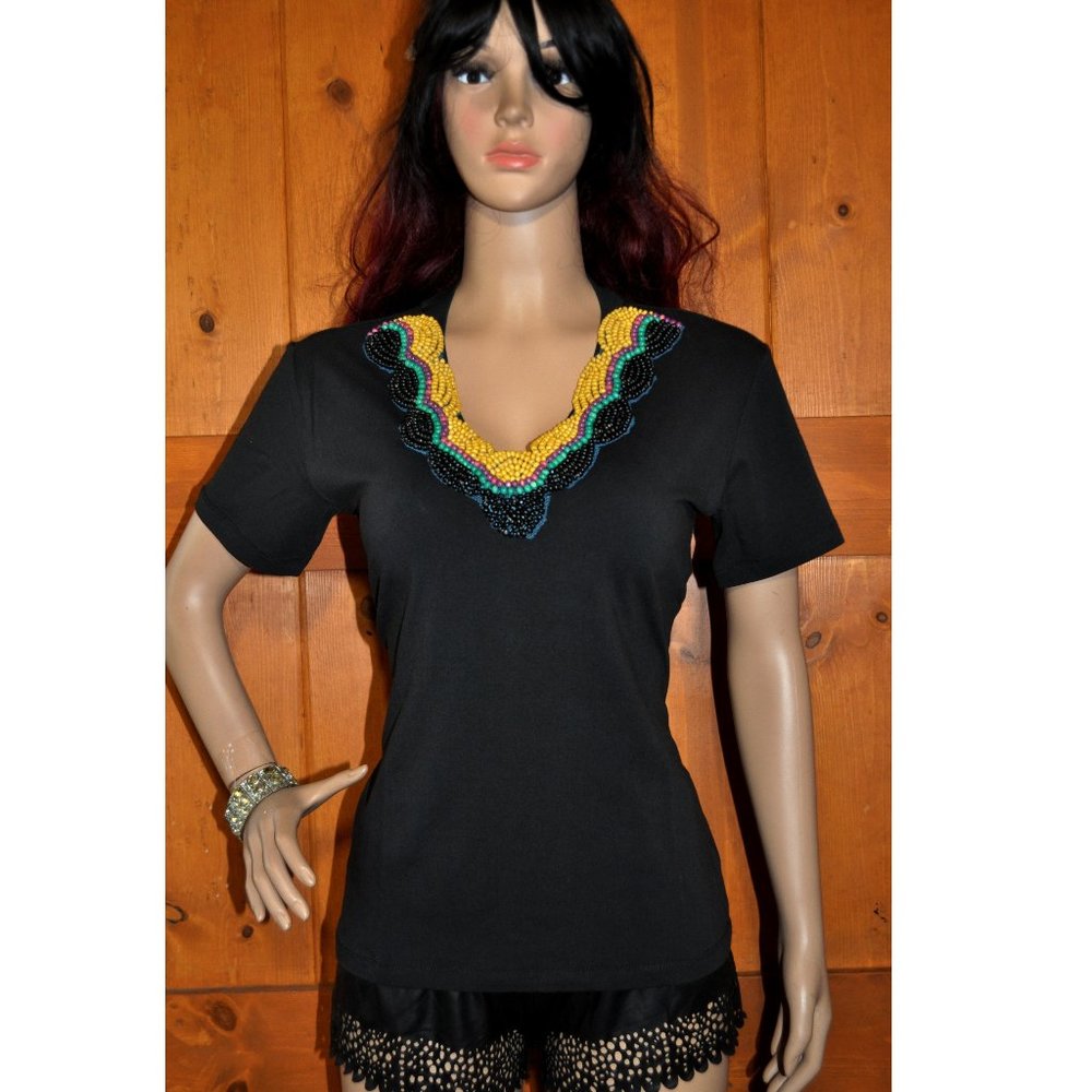 Women's Multi Color Pearls beaded V-Neck shirt Short Sleeve